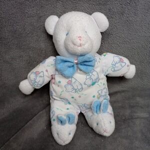 JC PENNEY Terrycloth Bear Blue Bowtie Bunny Slippers Blue Eyes Pink Nose Rattle